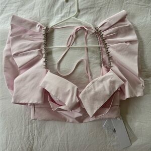 NWT AREA pale pink satin crop top with crystals